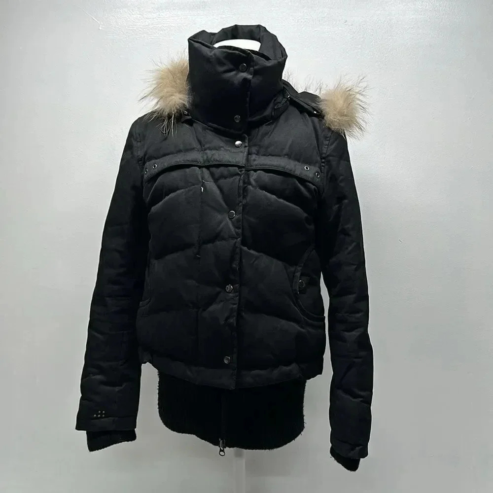 Soia & Kyo Coat Winter Parka Jacket Genuine Fur Hooded Down Feather Black Medium